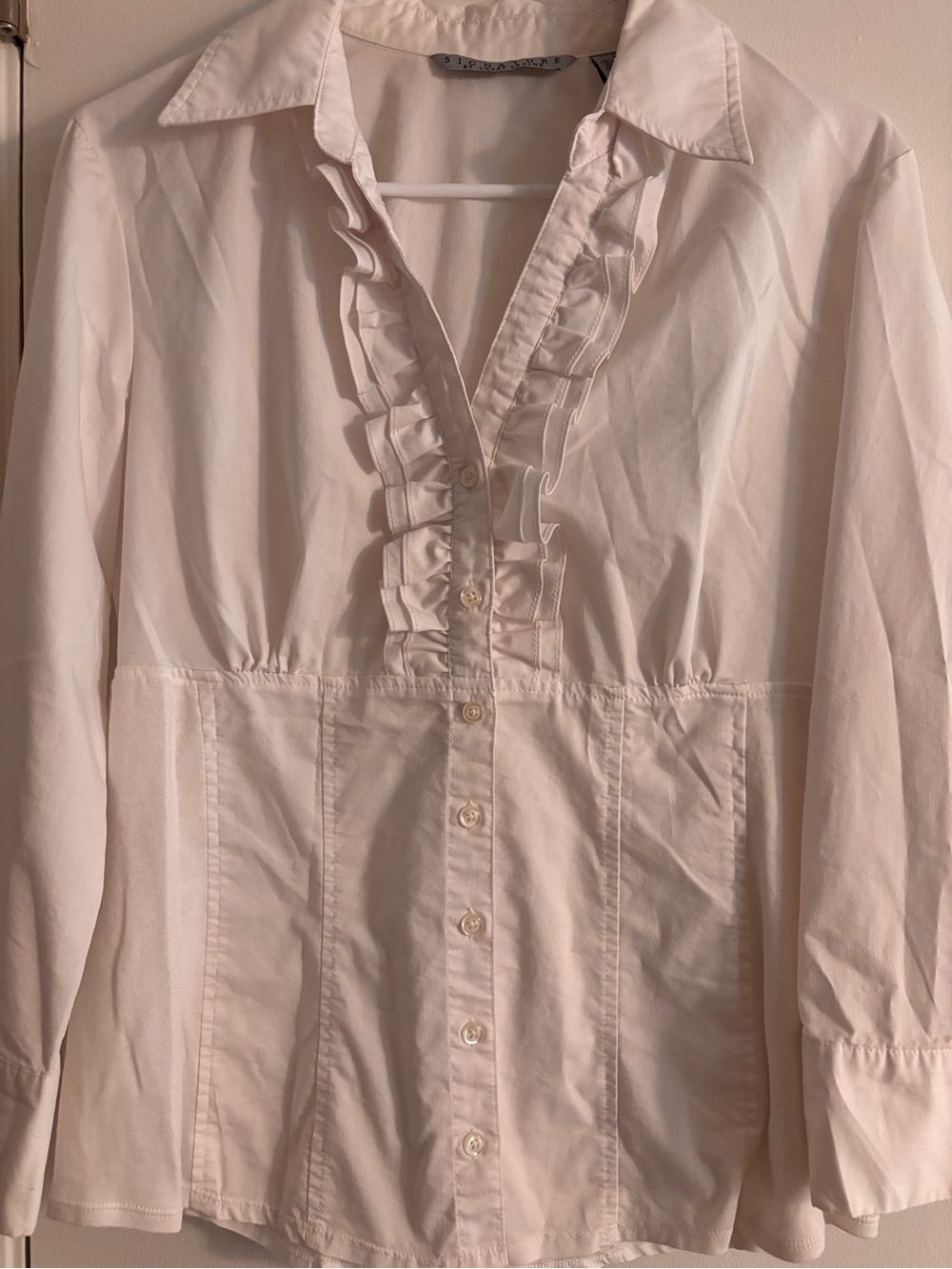 Signature White Ruffle-Trim Button Down Blouse